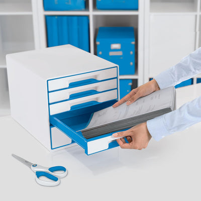 Leitz CUBE Schubladenbox mit 5 Schubladen, Weiss/Blau, A4, Inkl. transparentem Schubladeneinsatz, WO