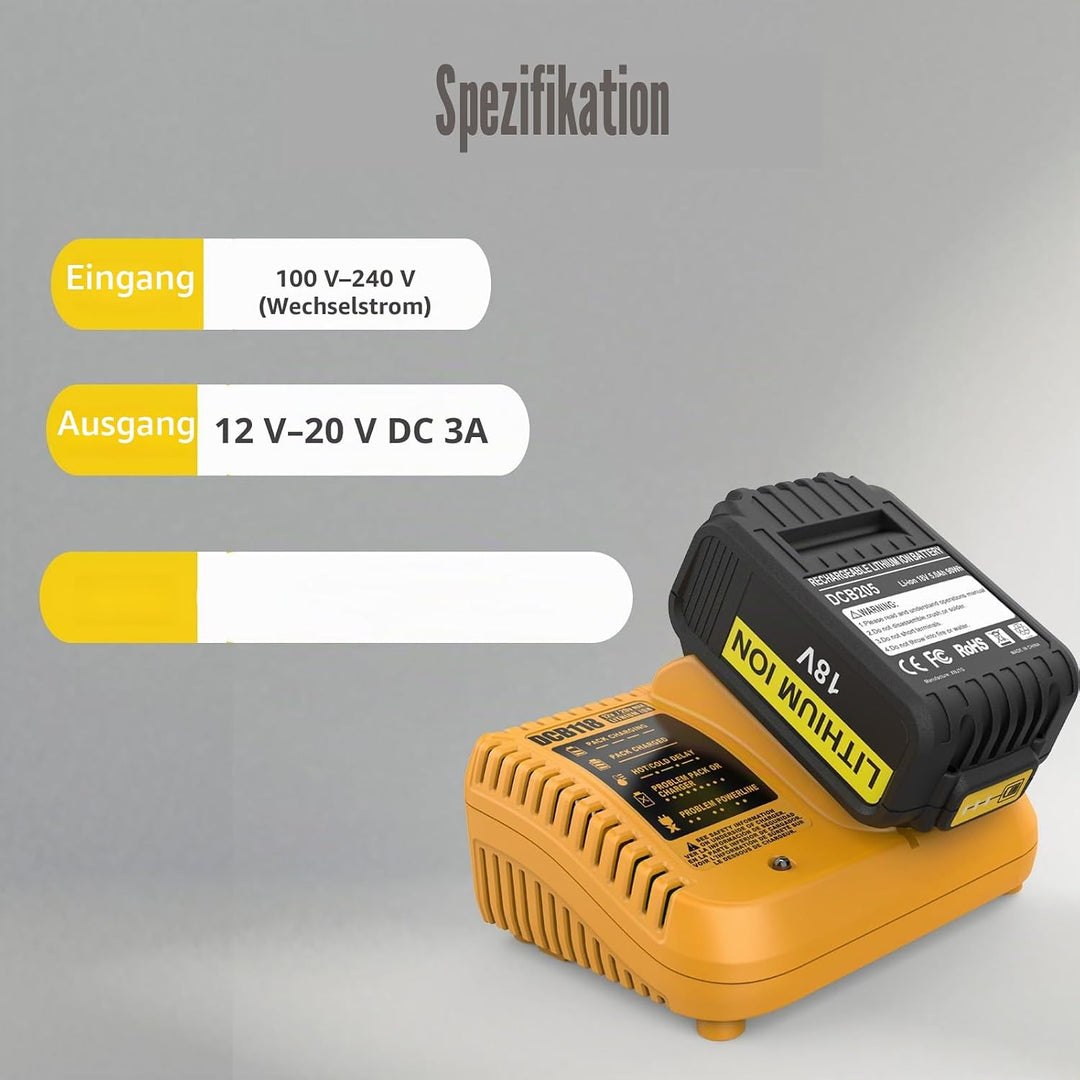 Dewalt-Schnellladegerät, kompatibel mit DCB112, DCB101, DCB105, DCB115, DCB107, passend für DCB120,