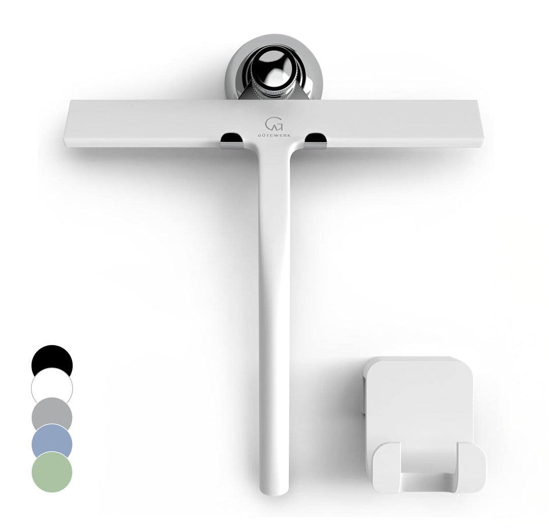 GÜTEWERK Duschabzieher Set mit Haken - weiss 23 cm - ohne Bohren breiter Silikon Abzieher Dusche Bad