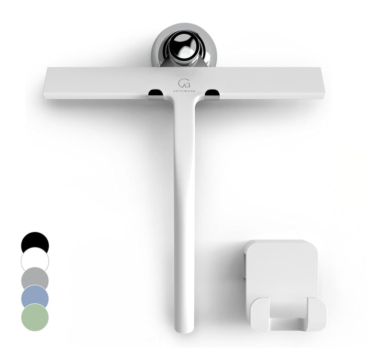 GÜTEWERK Duschabzieher Set mit Haken - weiss 23 cm - ohne Bohren breiter Silikon Abzieher Dusche Bad