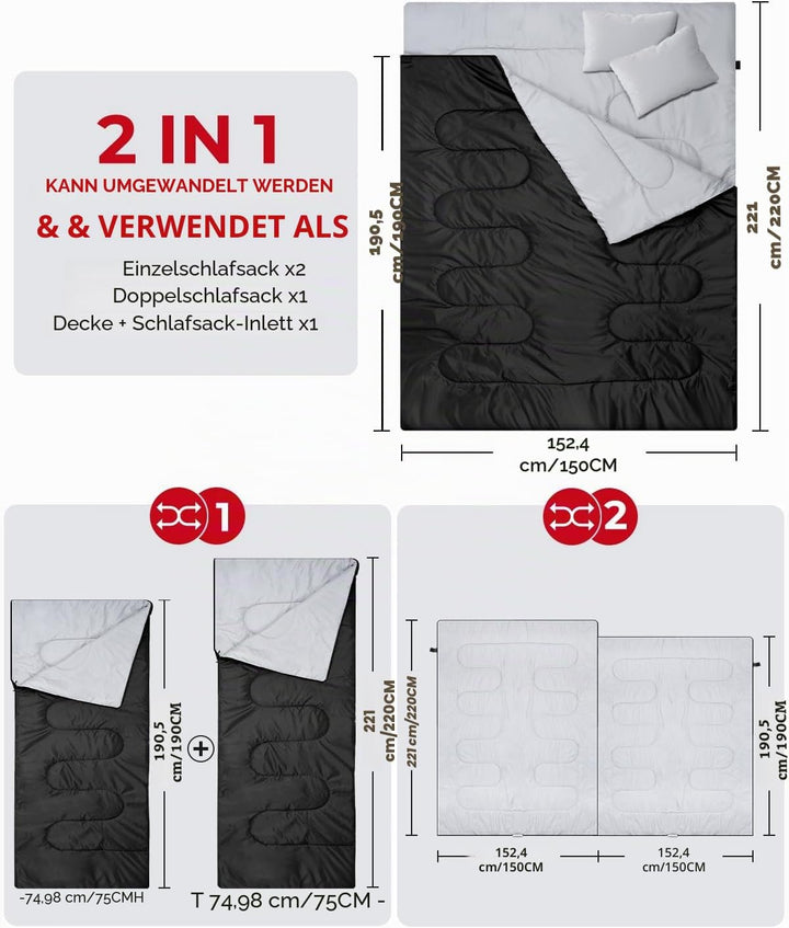 Ohuhu Schlafsack Outdoor Sommer Doppelschlafsack 220x150cm Erwachsene Deckenschlafsack 2.75kg mit 2