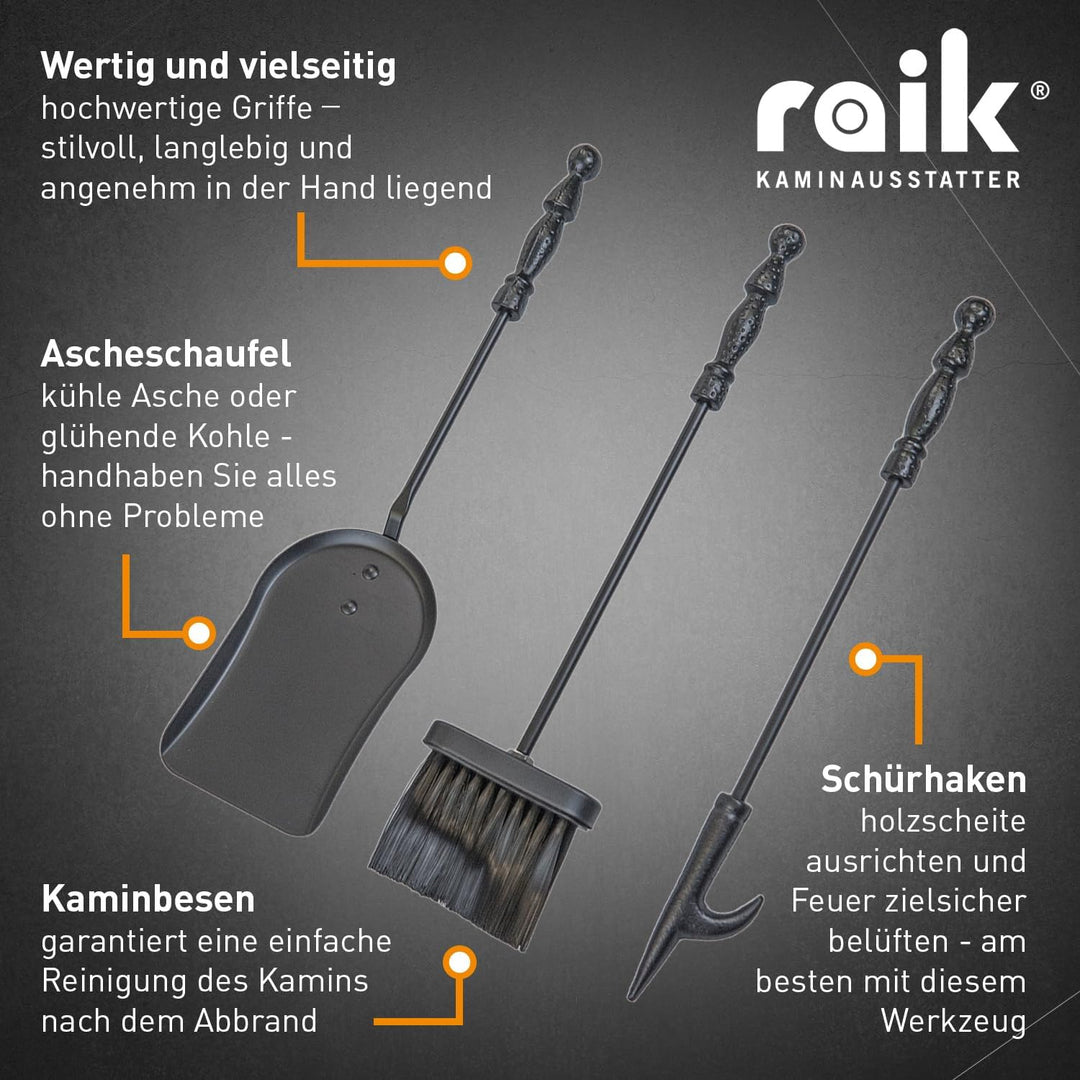 Raik Kaminbesteck Ritter Hubert Kamingarnitur aus Gusseisen schwarz Statuenform mit Kaminschaufel Ka