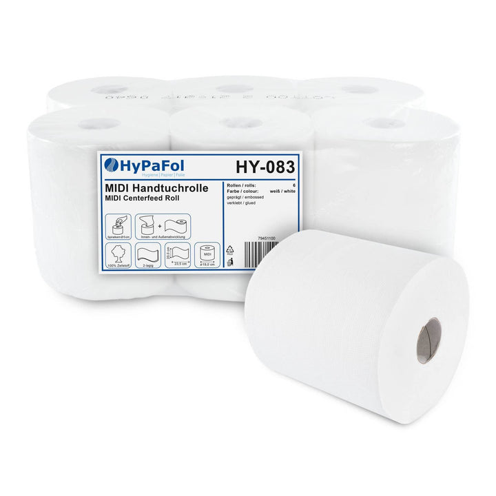 Hypafol Handtuchrolle aus Zellstoff | 2-lagig, 6 Rollen, hochweiss,20 x 23,5 cm, Ø19 cm |mit bequeme