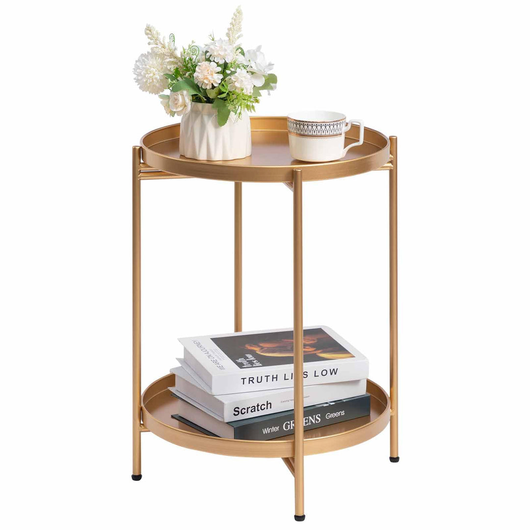HollyHOME Runder Beistelltisch, 2 Ebenen Goldener Beistelltisch Metalltablett, Snacktisch, Couchtisc