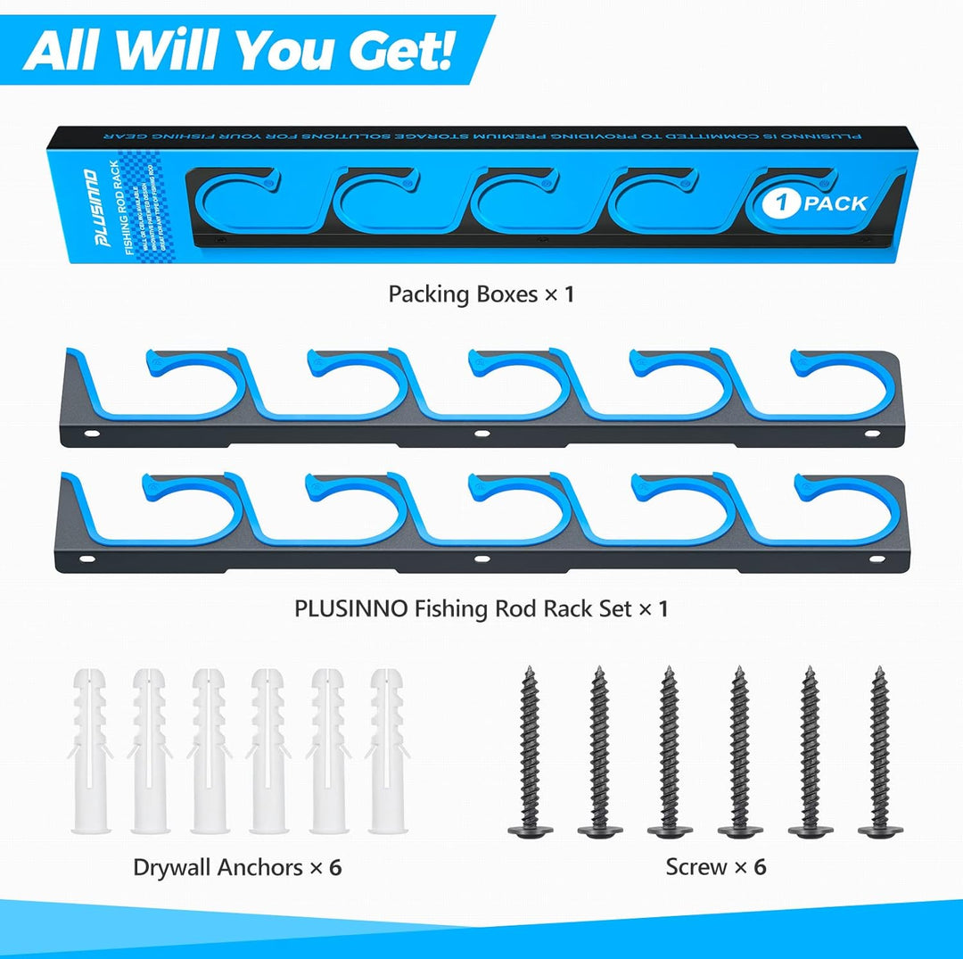 PLUSINNO H5 Horizontal Fishing Rod Holder, Fishing Rod Holder for Garage, Wall or Ceiling Mounting,