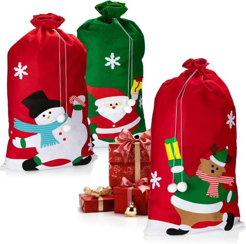 com-four® 3x Geschenksack XXL für Weihnachten - Nikolausbeutel mit weihnachtlichen Motiven zum Befül