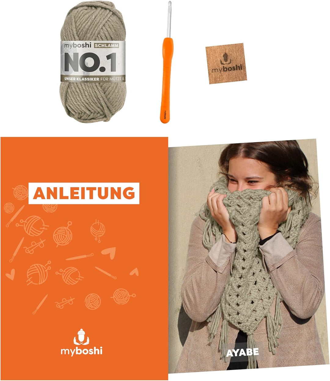 myboshi Häkelset Dreieckstuch Ayabe, inkl. No.1 Wolle, Nadel und Anleitung, für Mützen und Schals, H