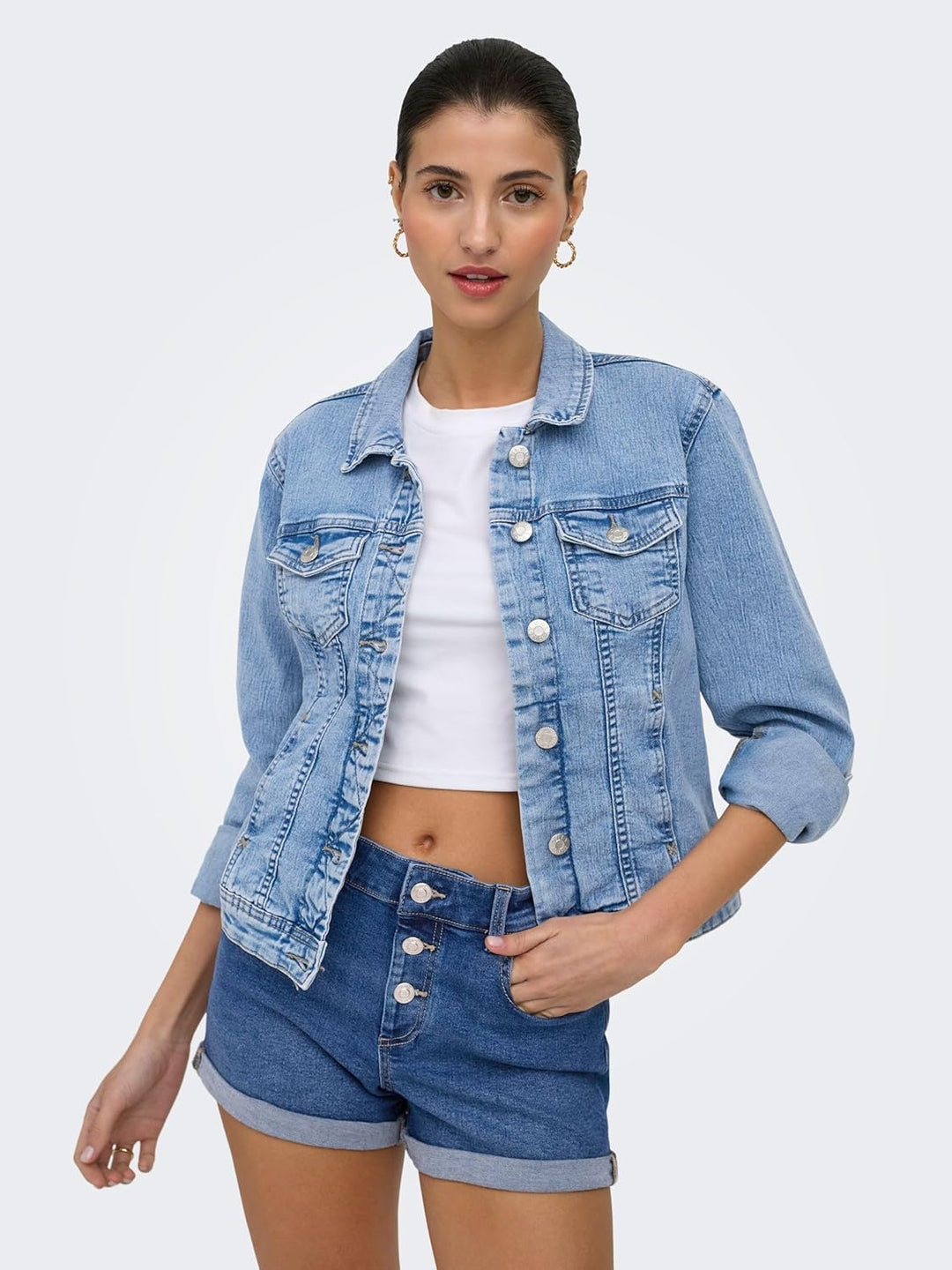 ONLY Damen Jeansjacke Tia Colored Übergangsjacke mit Knopfleiste XS Light Blue Denim, XS Light Blue