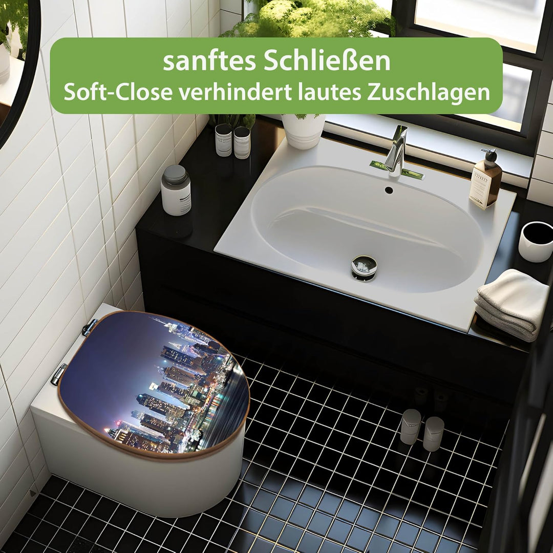 banjado® Design WC Sitz Bambus Absenkautomatik mit Motiv New York/Toilettendeckel mit Absenkautomati
