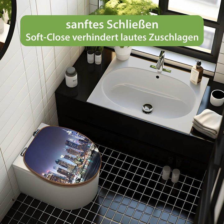 banjado® Design WC Sitz Bambus Absenkautomatik mit Motiv New York/Toilettendeckel mit Absenkautomati
