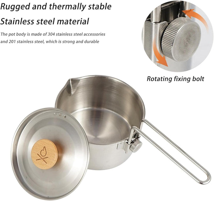 Camping Kochtopf Aus Edelstahl Mit Deckel Und Abnehmbarem Griff, 1 L Grosser Camping Wasserkocher, K