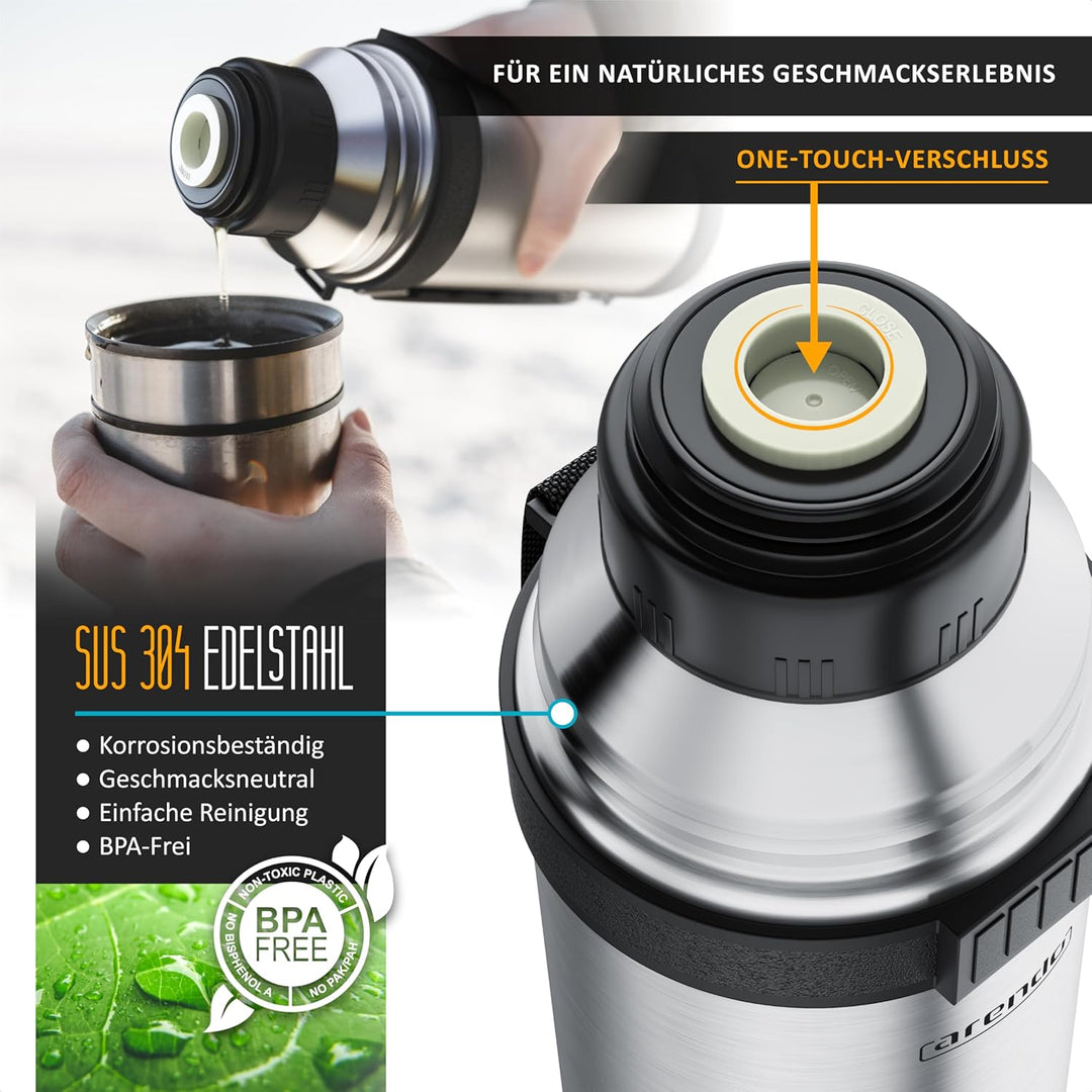 Arendo - Thermoskanne 1l Edelstahl – mit 2 Becher - Thermosflasche doppelwandig - 1000ml - One Click