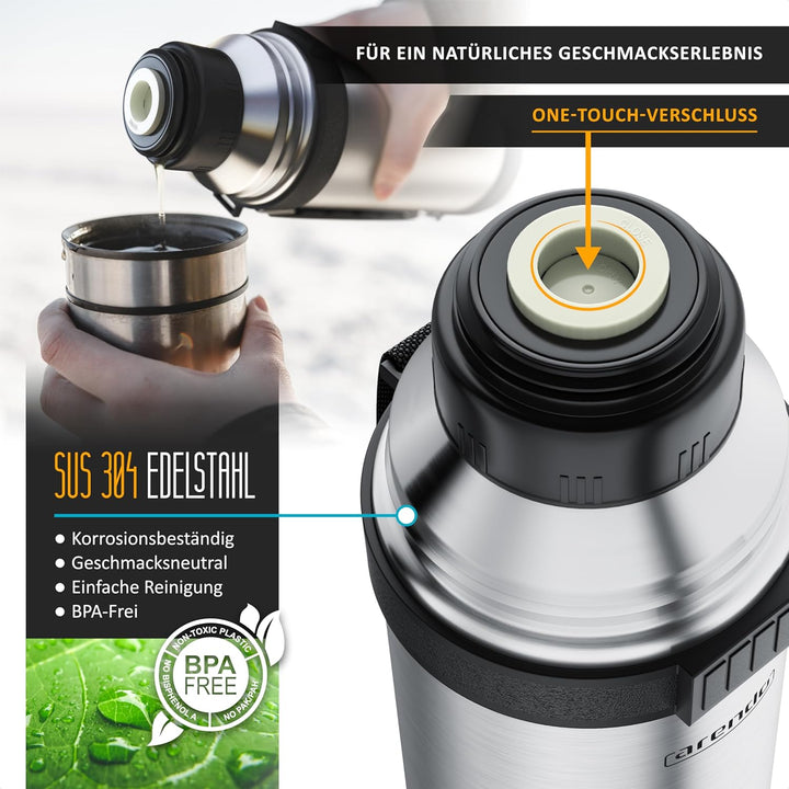 Arendo - Thermoskanne 1l Edelstahl – mit 2 Becher - Thermosflasche doppelwandig - 1000ml - One Click