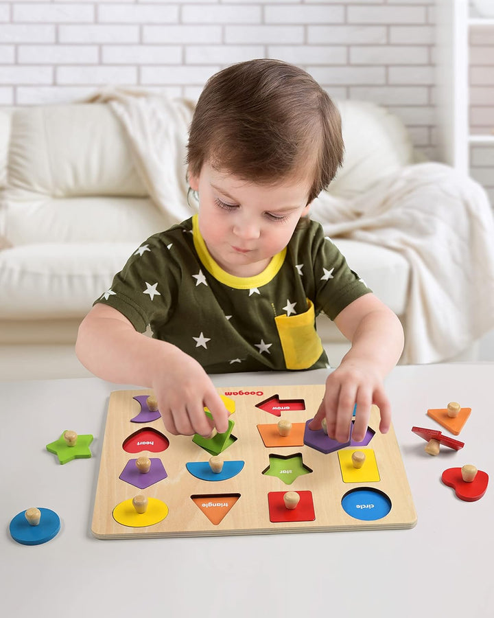 Coogam Montessori-Spielzeug, Holzform, Steckpuzzle, Feinmotorik, farblich passendes Sortierbrett, fr