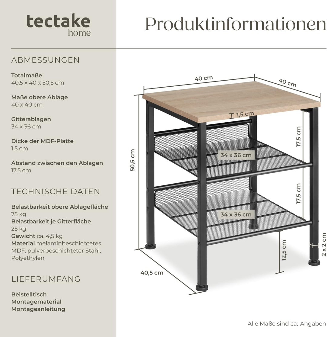 tectake Beistelltisch aus Holz und Metall, Nachttisch mit 2 Gitterablagen, Industrie-Design, für Woh