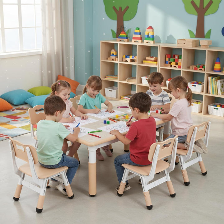 MAMIZO Kindertisch Packung mit 6 Stühlen, Kindertischgruppe Höhenverstellbar, Kinder Tisch Stuhl Set