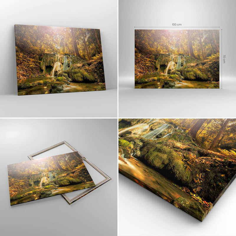 Bilder auf Leinwand 100x70cm Leinwandbild Wald Wasserfall Natur Umwelt Gross Wanddeko Bild Schlafzim