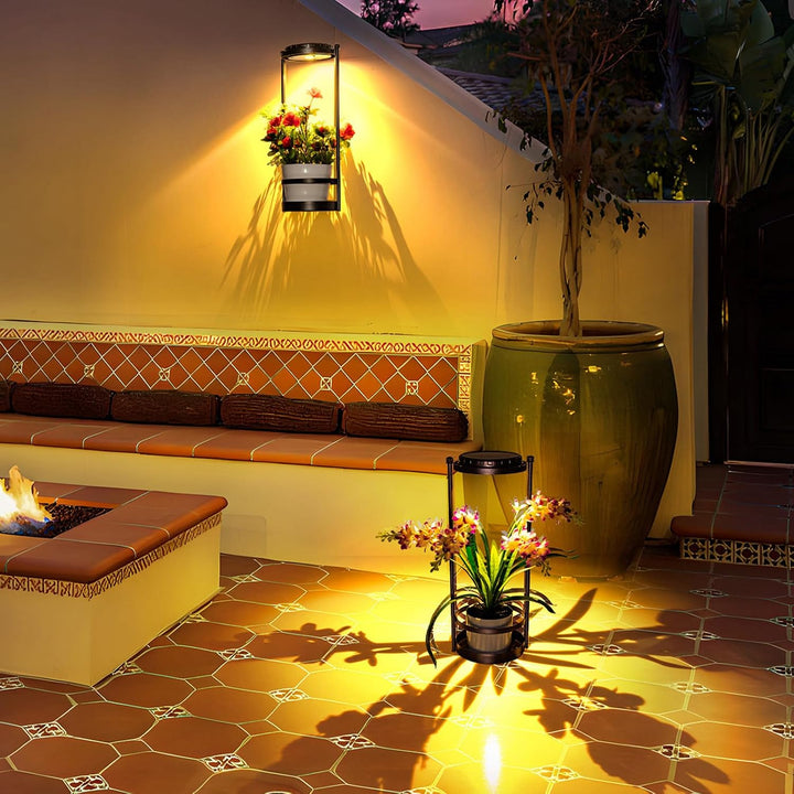 Solare Blumenständer mit LED Pflanzenlicht, IP44 Wassergeschütztes Metall Pflanzenständer Outdoor, 3