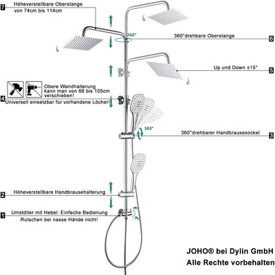JOHO Duschset ohne Armatur, chrom, Edelstahl Duschsystem, Regendusche set, Überkopfbrause set, Dusch