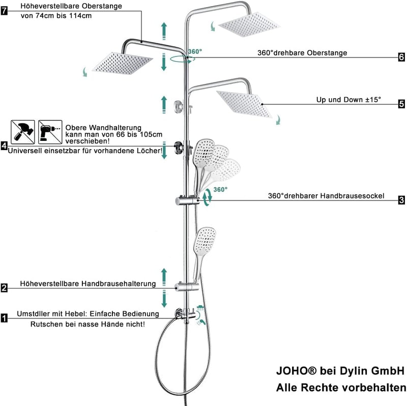 JOHO Duschset ohne Armatur, chrom, Edelstahl Duschsystem, Regendusche set, Überkopfbrause set, Dusch