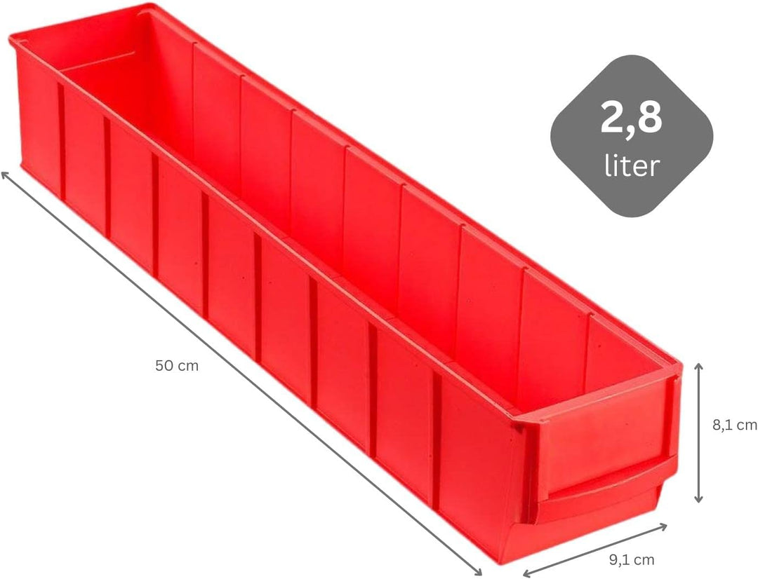 SparSet 5x Rote Industriebox 500 S | HxBxT 8,1x9,1x50cm | 2,8 Liter | Sichtlagerkasten, Sortimentska