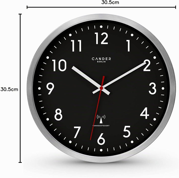 Cander Berlin MNU 3030 S Wanduhr Funk lautlos 30,5 cm analog Aluminium geräuschlos schwarz Funkuhr o