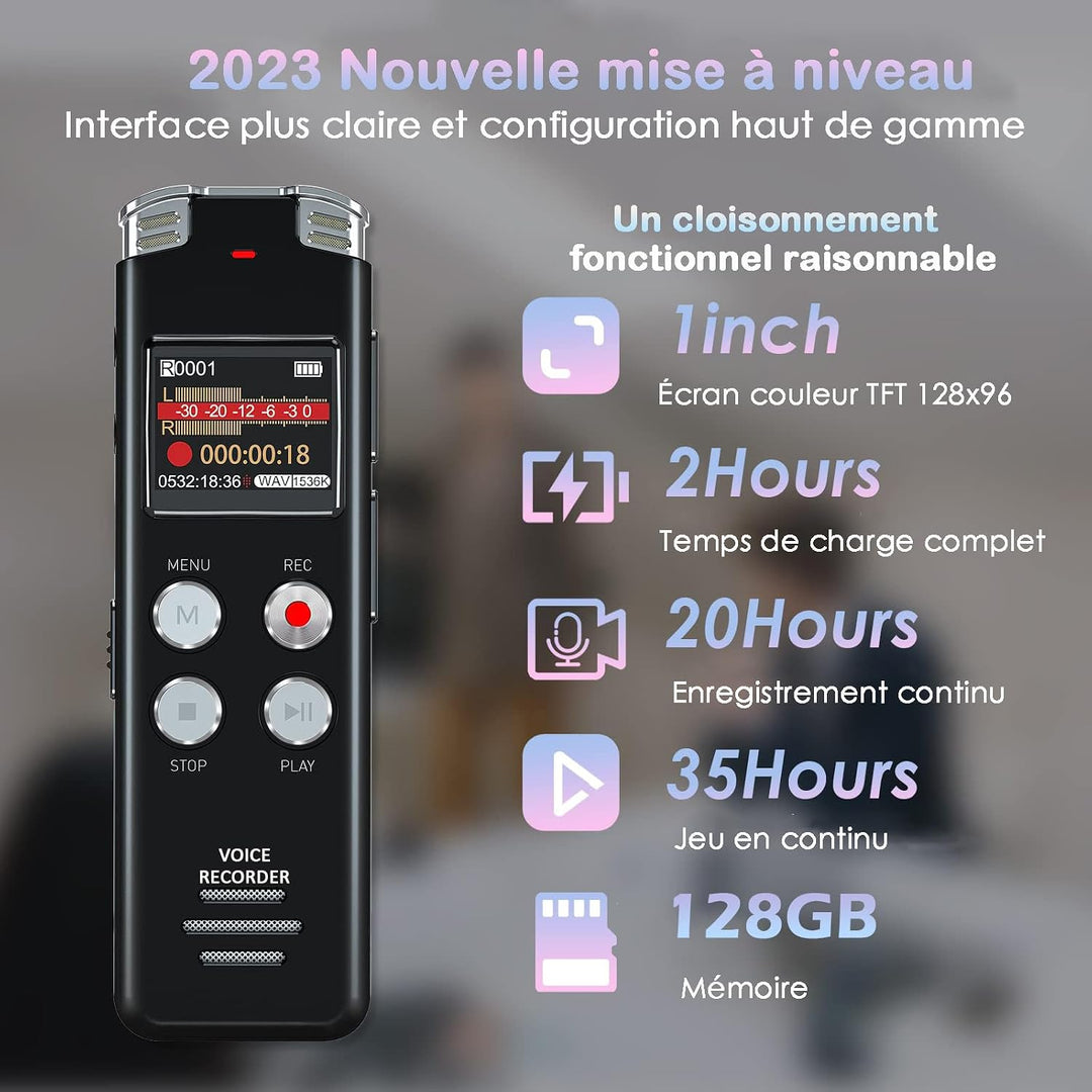 EVISTR Digitaler Voice-Recorder, 128 GB – Tonaufnahmegerät mit Sprachsteuerung und Geräuschreduzieru