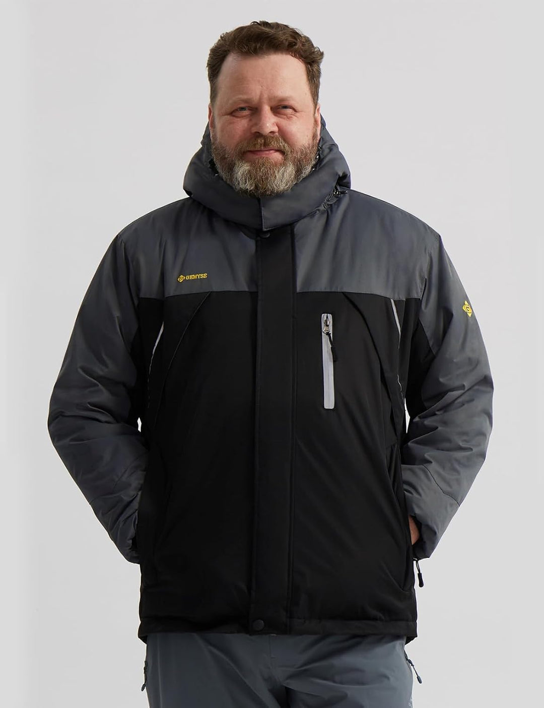 GEMYSE Herren Wasserdichte Skijacke Winddichte Fleece Outdoor Winterjacke mit Kapuze S Schwarzgrau,