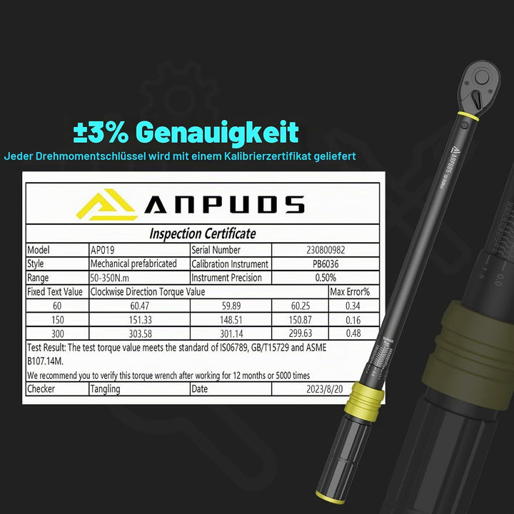 ANPUDS Drehmomentschlüssel 1/2 Zoll, 50-350 Nm Drehmomentschlüssel, ±3% Fehlergenauigkeit mit 72 Zäh