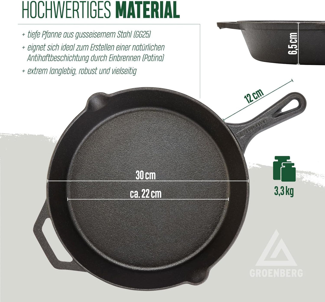 Groenberg Hekla Gusseisenpfanne Bratpfanne Grillpfanne mit Griff, Rund, Ø 30 cm 30cm, 30cm