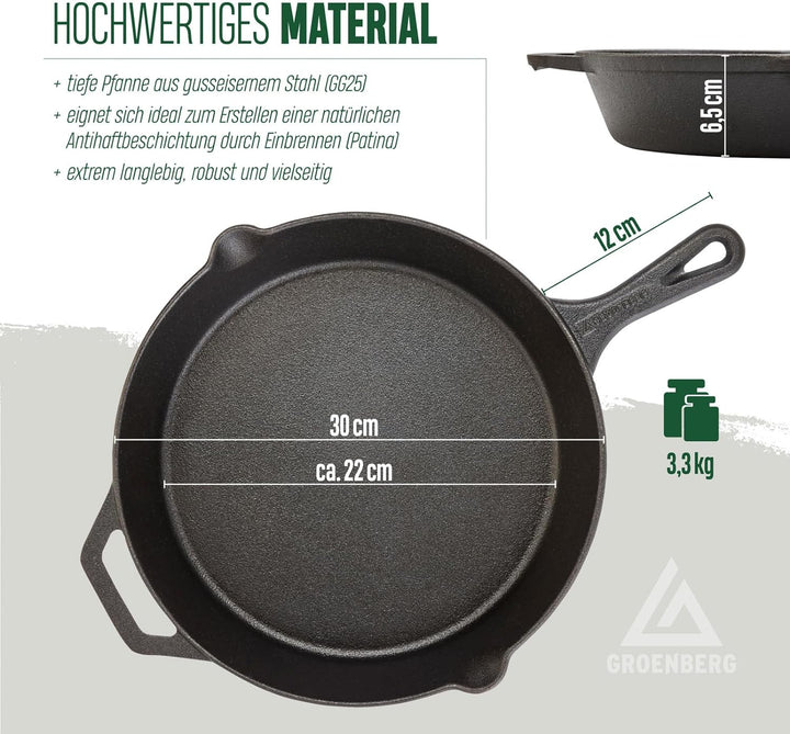 Groenberg Hekla Gusseisenpfanne Bratpfanne Grillpfanne mit Griff, Rund, Ø 30 cm 30cm, 30cm