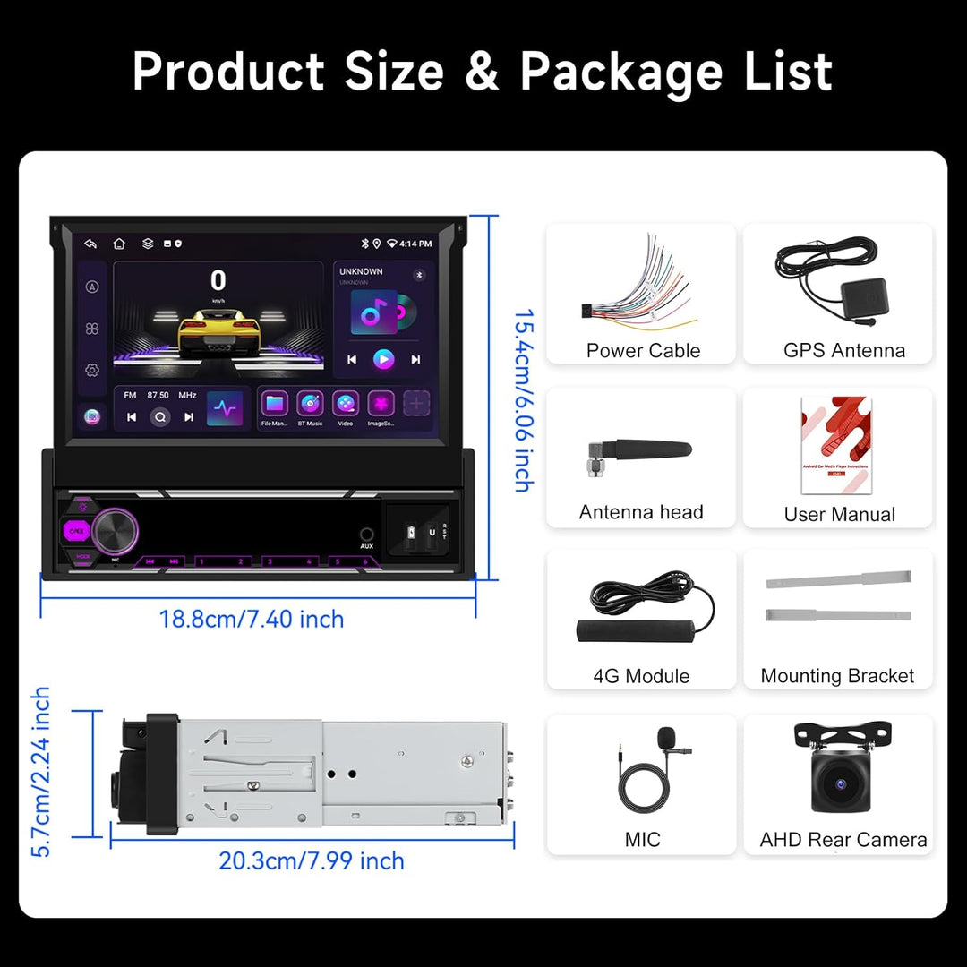 Hodozzy 6G+128GB Android 15 Autoradio 1 Din Bildschirm Ausfahrbarem mit Carplay Wireless Android Aut