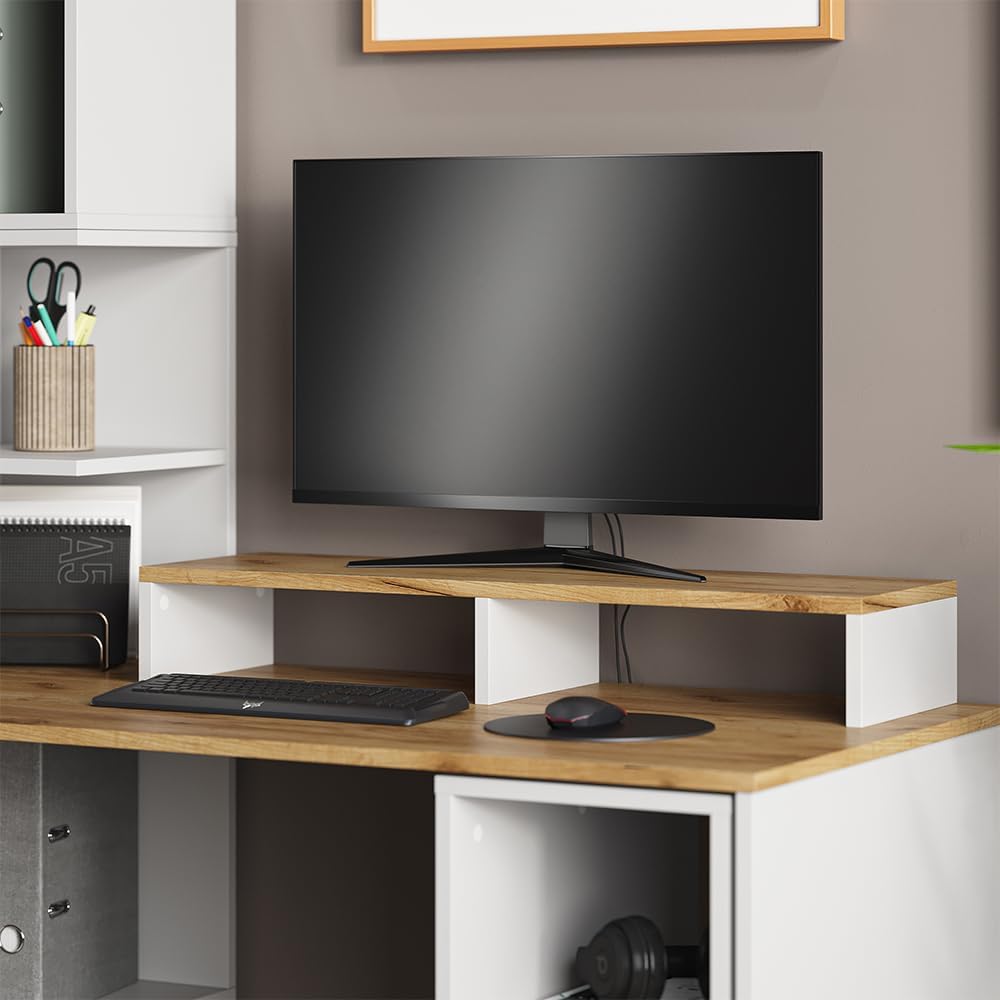 Vicco Monitorständer Tomy, Weiss/Goldkraft Eiche, 80 x 12 cm, Weiß/Goldkraft Eiche