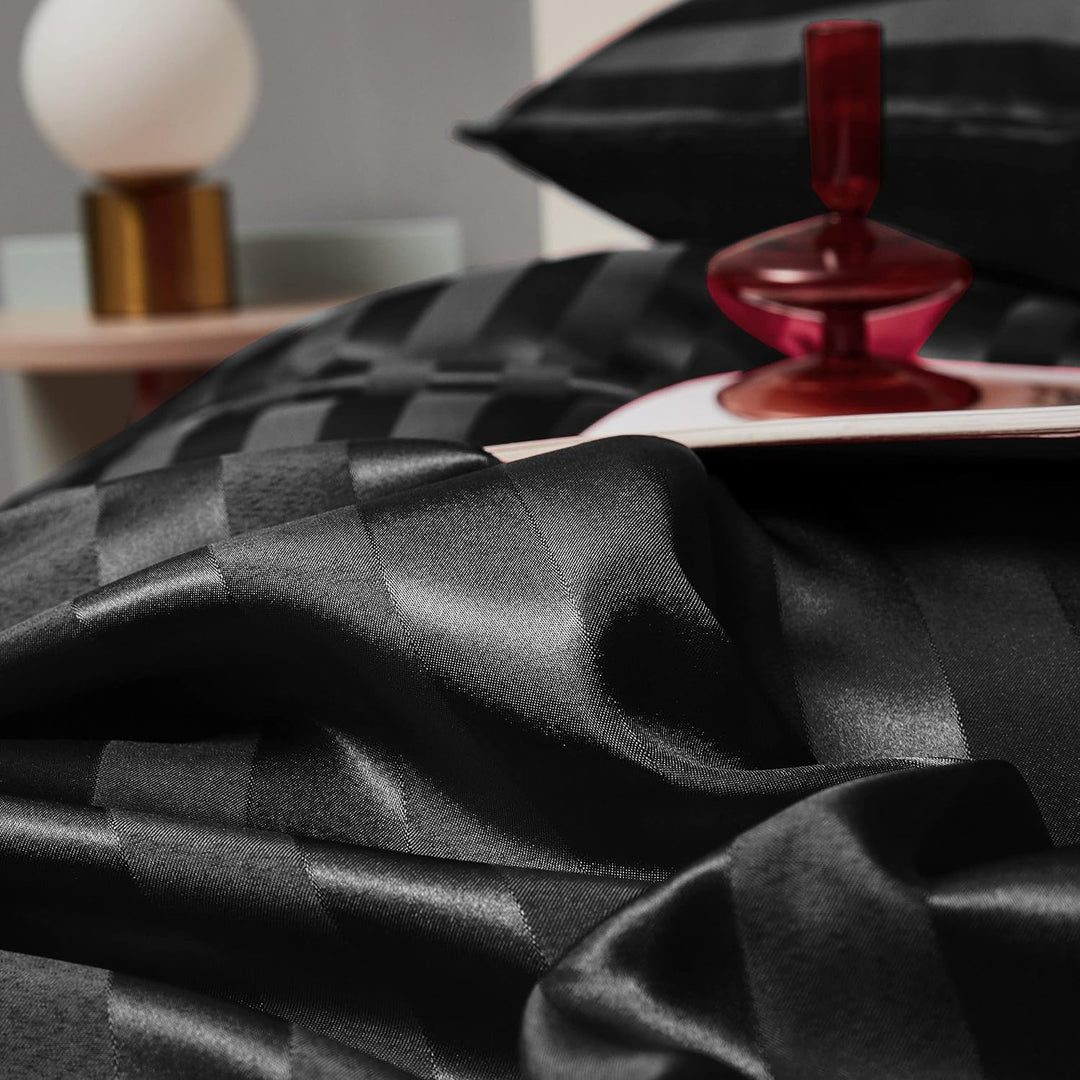 Damier Bettwäsche 155x220cm Schwarz Satin gestreift Bettwäsche Set Seidig glänzend hochwertiges Glan
