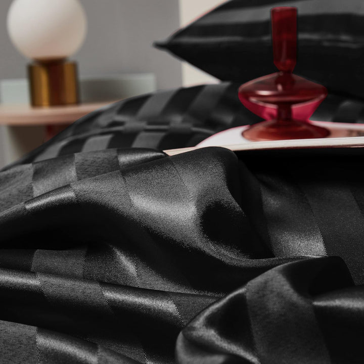 Damier Bettwäsche 155x220cm Schwarz Satin gestreift Bettwäsche Set Seidig glänzend hochwertiges Glan