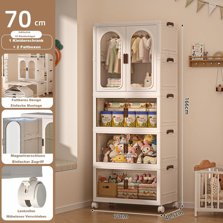Faltbarer Kleiderschrank mit Rollen, 455L, 4 Ebenen Kunststoffschrank, Transparente Türen, Staubdich