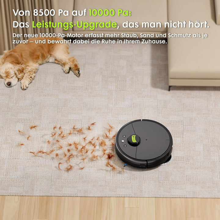 Saugroboter mit Wischfunktion 10,000Pa, Tierhaar-Schneider, Katzen-Laserspiel, Automatische Staubent