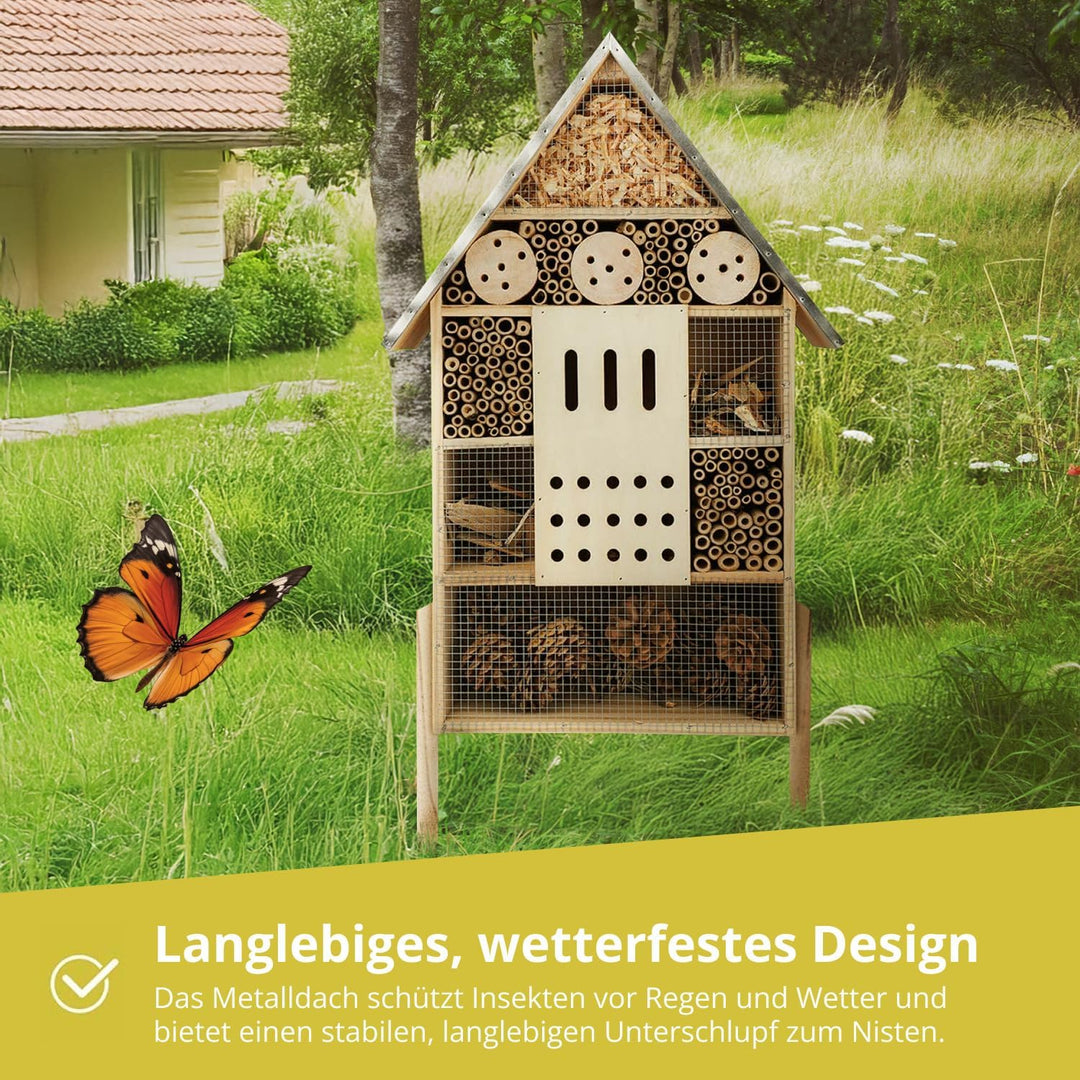 WILDLIFE FRIEND I Insektenhotel XXL stehend - mit Standfuss 76cm & Metalldach - Gross, Unbehandelt,