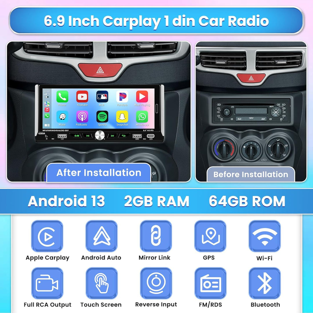 DAB/DAB+ [2G+64G] Android 15 Hikity Autoradio Navi 1Din mit Wireless Carplay Android Auto, 6.9Zoll T