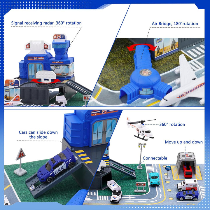 Flugzeug Spielzeug für Kinder mit Hubschrauber, Flugzeug, Lastwagen, Schilder, Feuerwehrautos und Fl