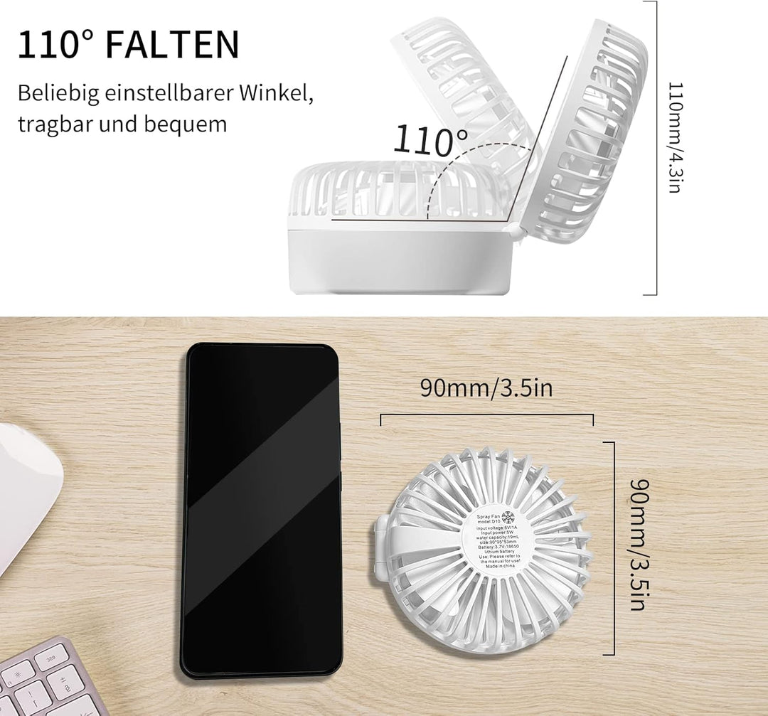 Handventilator mit Kühlen Nebel,Tragbarer Mini Ventilator USB-Aufladbar,5 Geschwindigkeiten,Faltbare