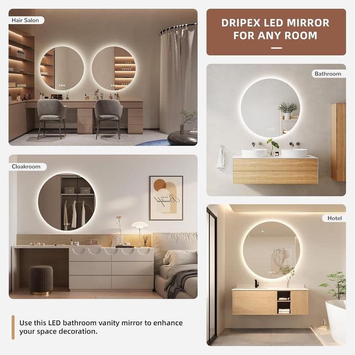 Dripex Badezimmerspiegel Led Badspiegel Rund, Touch-Schalter, Dimmbar, 3 Lichtfarbe Einstellbare Spi