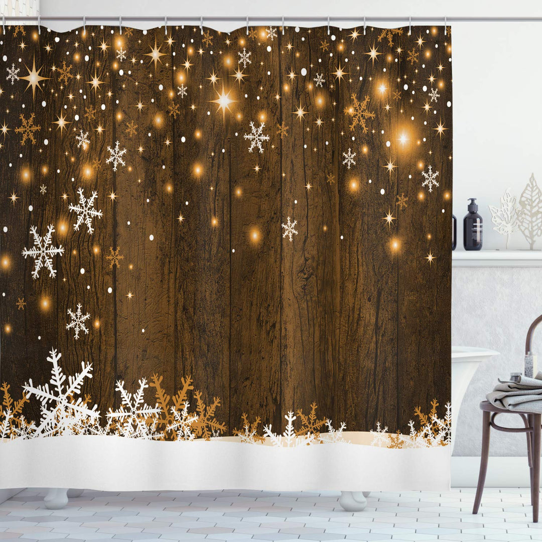 ABAKUHAUS Weihnachten Duschvorhang, Holz und Schneeflocken, Stoffliches Gewebe Badezimmerdekorations