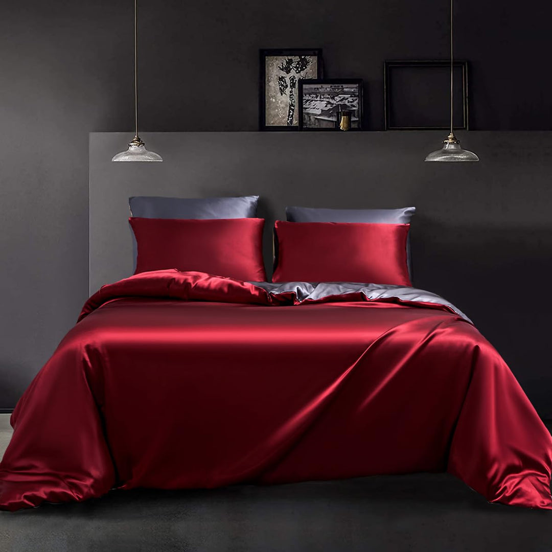 YASMENG Satin Bettwäsche 135x200 4teilig Rot Weinrot Dunkelgrau Bettbezug Set Einfarbig Deckenbezug