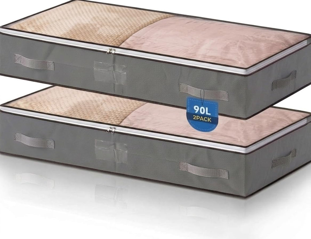 2 Stück 90L Faltbare Unterbett Aufbewahrungsbox mit Deckel, Gross | Vliesstoff, mit Griff, Zwei-Wege