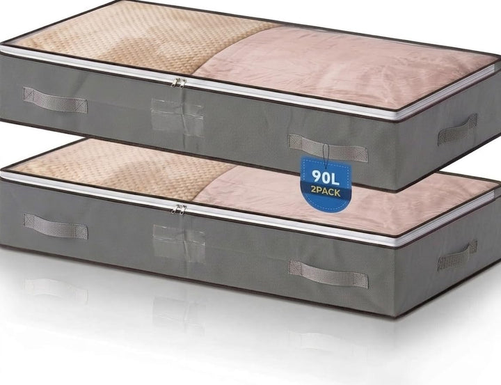2 Stück 90L Faltbare Unterbett Aufbewahrungsbox mit Deckel, Gross | Vliesstoff, mit Griff, Zwei-Wege