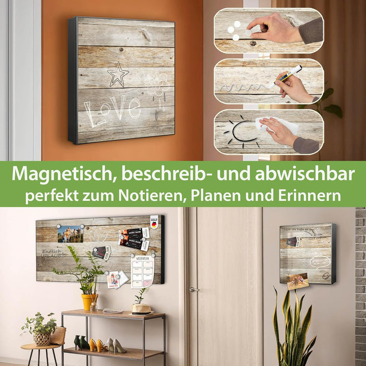 banjado® Grosser Schlüsselkasten Glas/Schlüsselbox 30cm x 30cm mit 50 Haken - Motiv Graues Holz/Schl