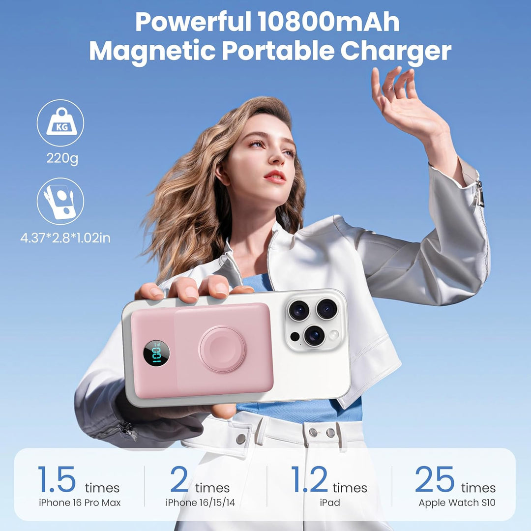 Magnetische Power Bank mit Ladekabel für MagSafe, 10800mAh Wireless PowerBank mit i-Watch Ladegerät,