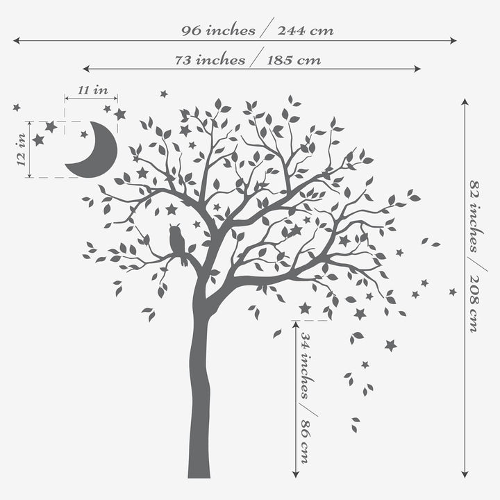 Studio Quee Grosser Baum Wandaufkleber mit Eule, Mond und Sternen Kinderzimmer Wandbild Dekoration 0