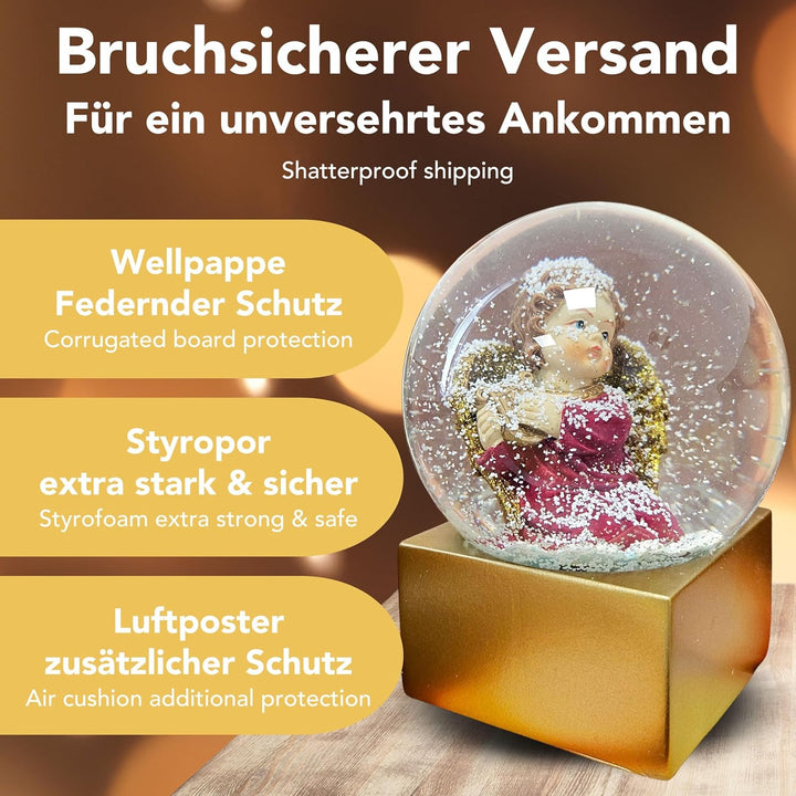 Weihnachts-Schneekugel Engel | Himmelsbote mit Harfe | Farbe rot Gold | 100mm breit, 120mm hoch | Be